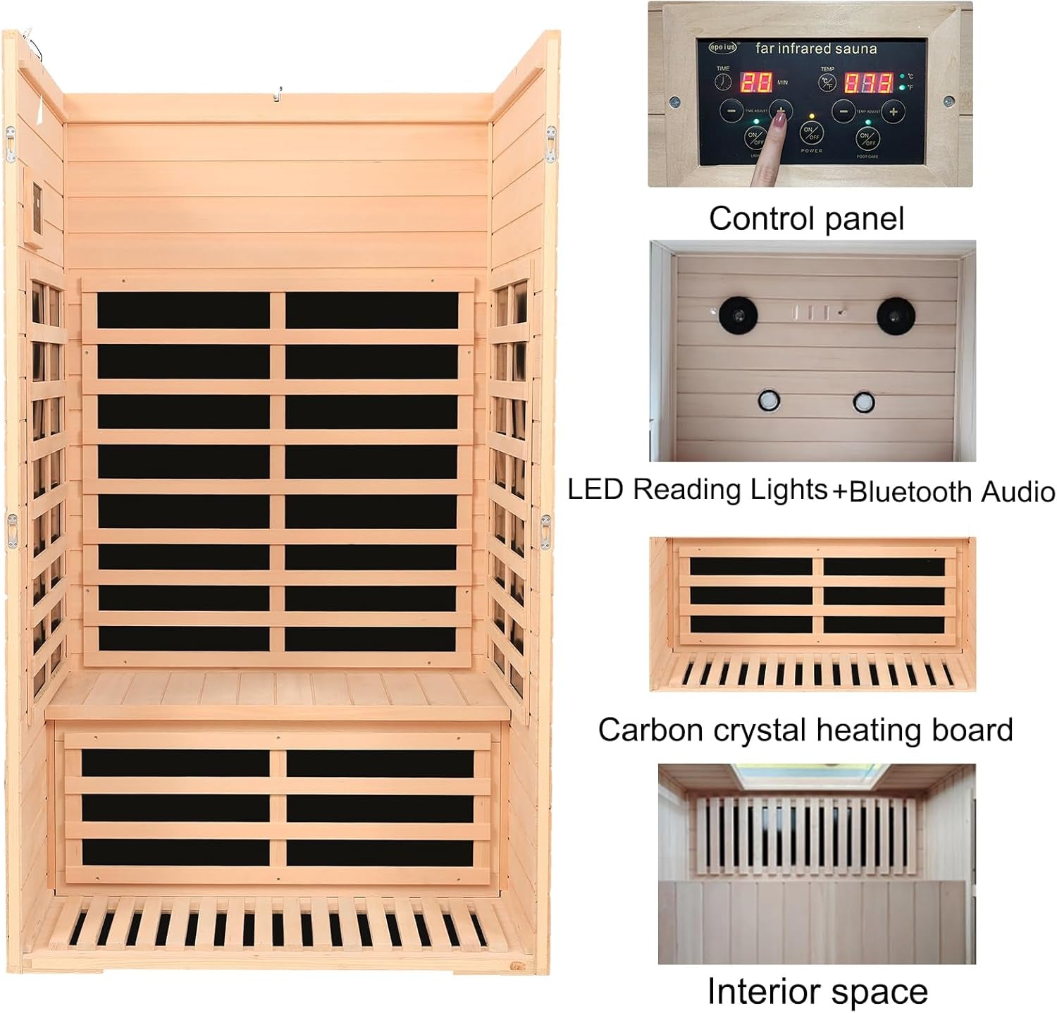 2 Person Low EMF Far Infrared Sauna, 5 Heating Panels, 1500W/120V, Canadian Hemlock Indoor Sauna with Bluetooth Speakers, Reading Lights, Roof Vent, Tempered Glass