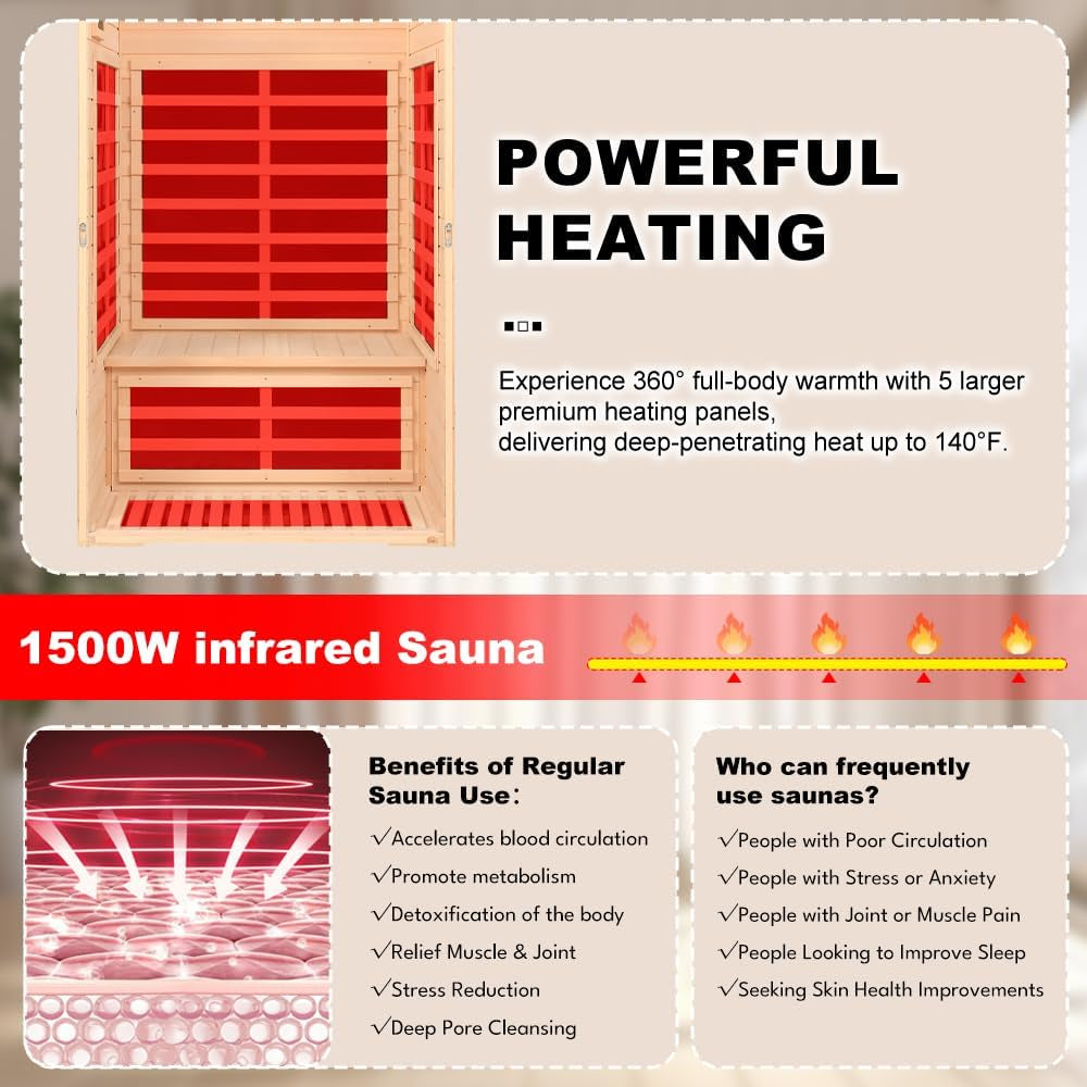 2 Person Low EMF Far Infrared Sauna, 5 Heating Panels, 1500W/120V, Canadian Hemlock Indoor Sauna with Bluetooth Speakers, Reading Lights, Roof Vent, Tempered Glass