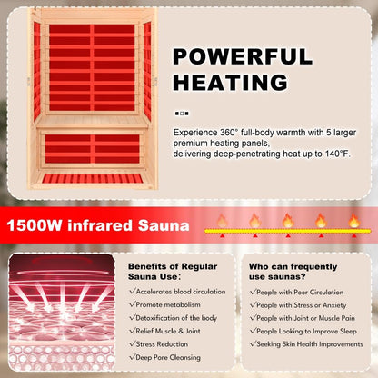 2 Person Low EMF Far Infrared Sauna, 5 Heating Panels, 1500W/120V, Canadian Hemlock Indoor Sauna with Bluetooth Speakers, Reading Lights, Roof Vent, Tempered Glass