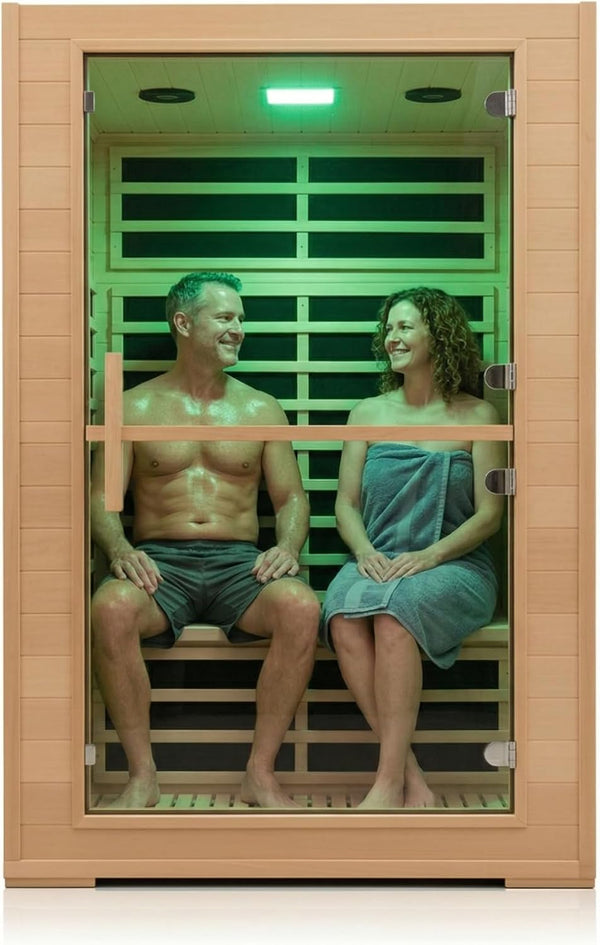 2 Person Far Infrared Sauna with Smart APP Control, 2000W Low EMF Wooden Infrared Sauna Room for Home, 8 Carbon Mica Heating Panels Wellness Sauna, Canadian Hemlock Indoor Spa for Home Relaxation